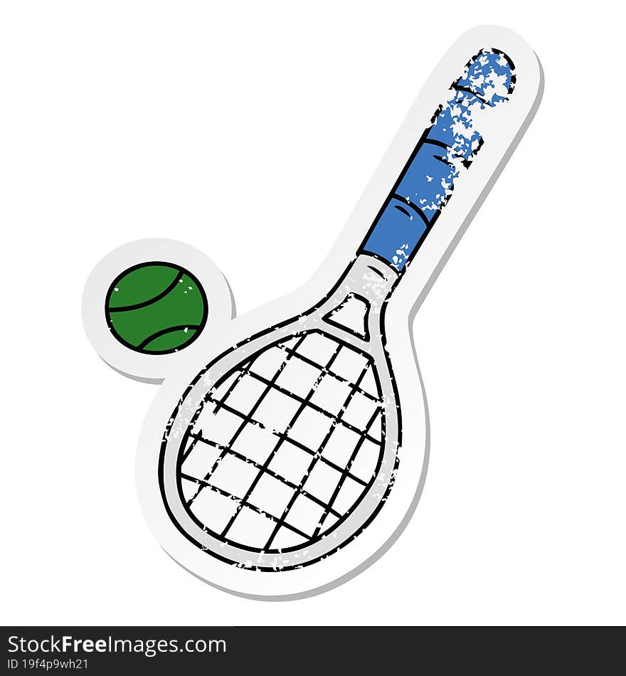 hand drawn distressed sticker cartoon doodle tennis racket and ball