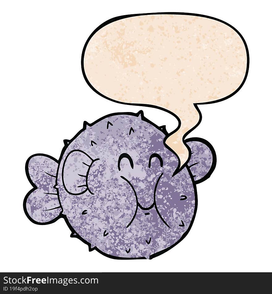 cartoon puffer fish and speech bubble in retro texture style