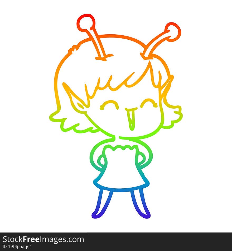 rainbow gradient line drawing of a cartoon alien girl laughing