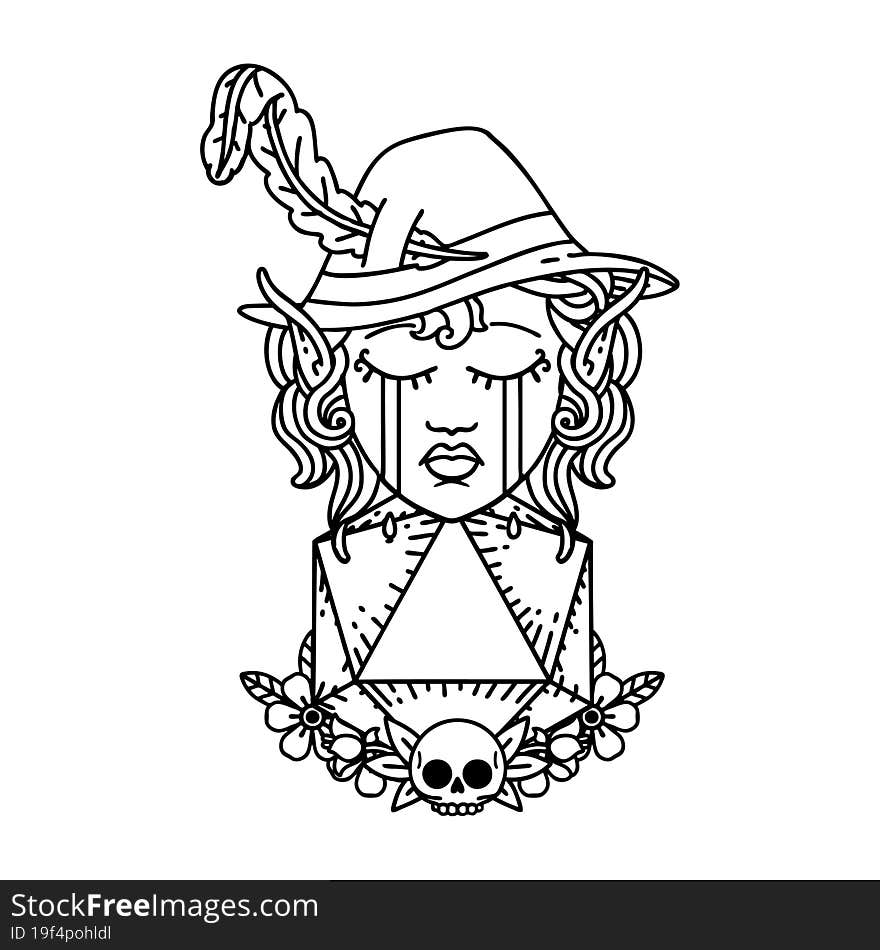 Black and White Tattoo linework Style crying elf bard character with natural one D20 roll. Black and White Tattoo linework Style crying elf bard character with natural one D20 roll