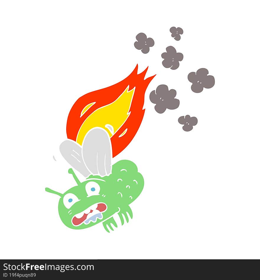 flat color illustration of a cartoon fly crashign and burning