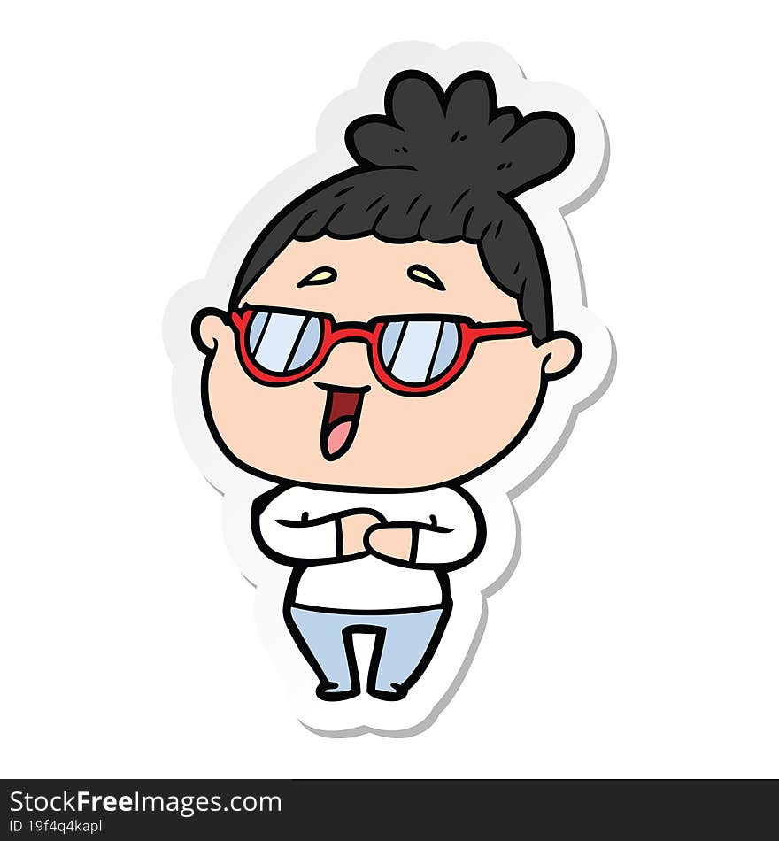 sticker of a cartoon happy woman wearing spectacles