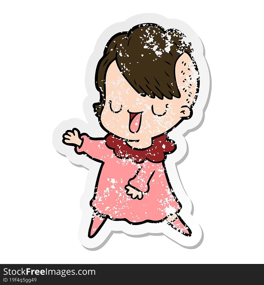 Distressed Sticker Of A Cute Cartoon Girl With Hipster Haircut