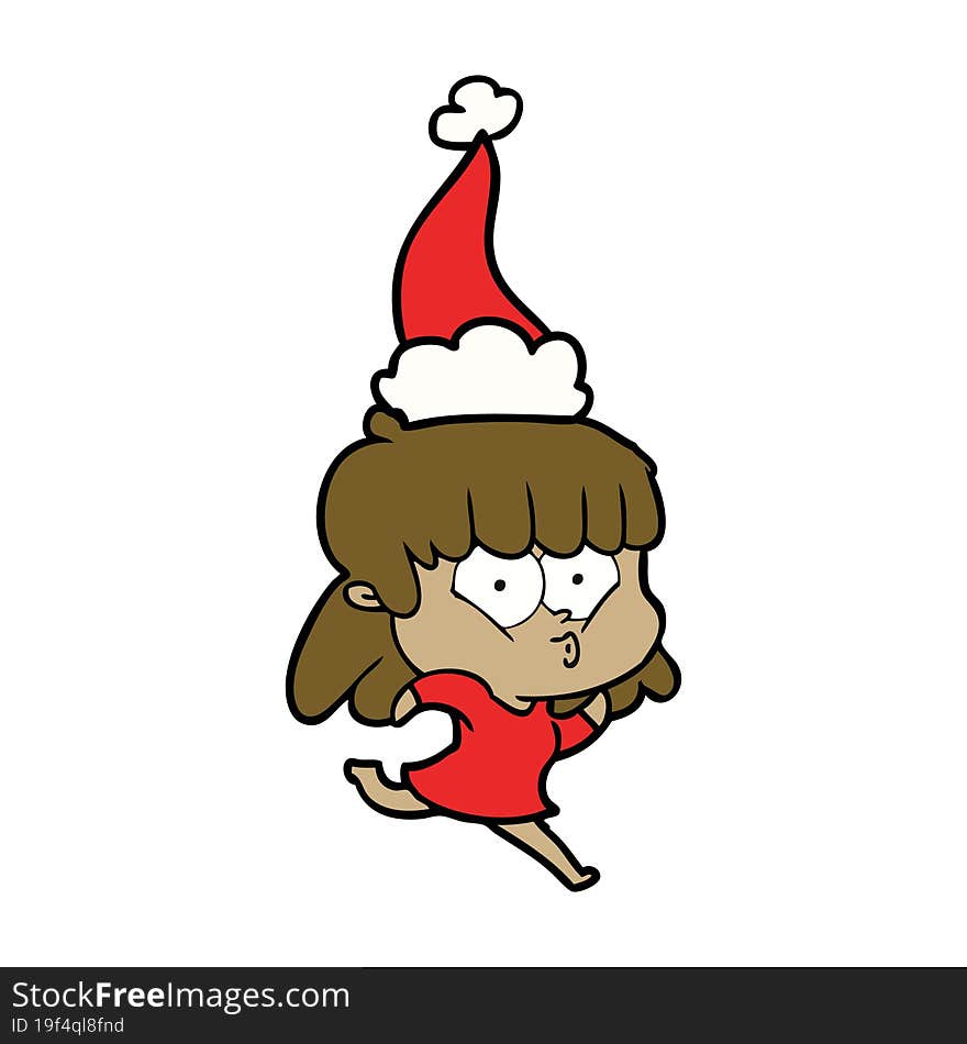 line drawing of a whistling girl wearing santa hat