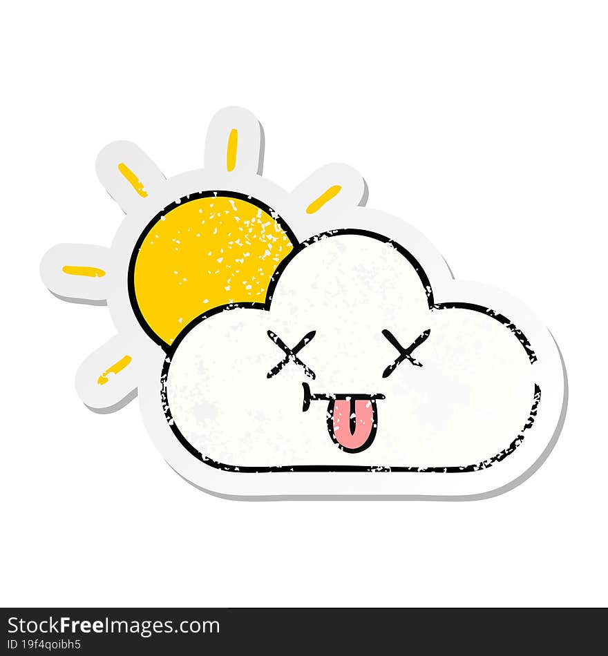 distressed sticker of a cute cartoon sunshine and cloud