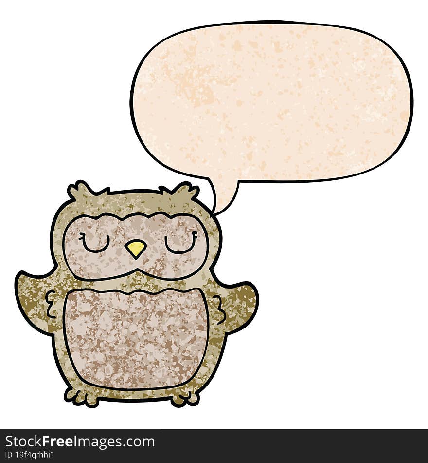 cartoon owl and speech bubble in retro texture style