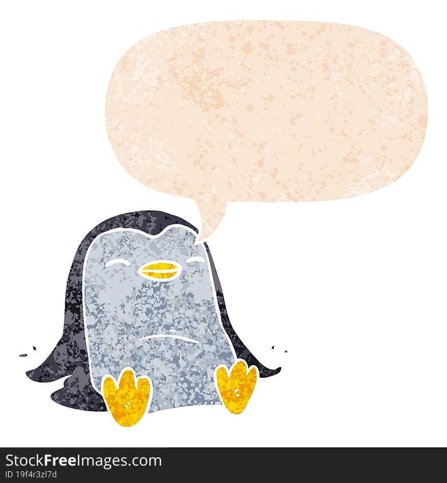 cartoon penguin and speech bubble in retro textured style