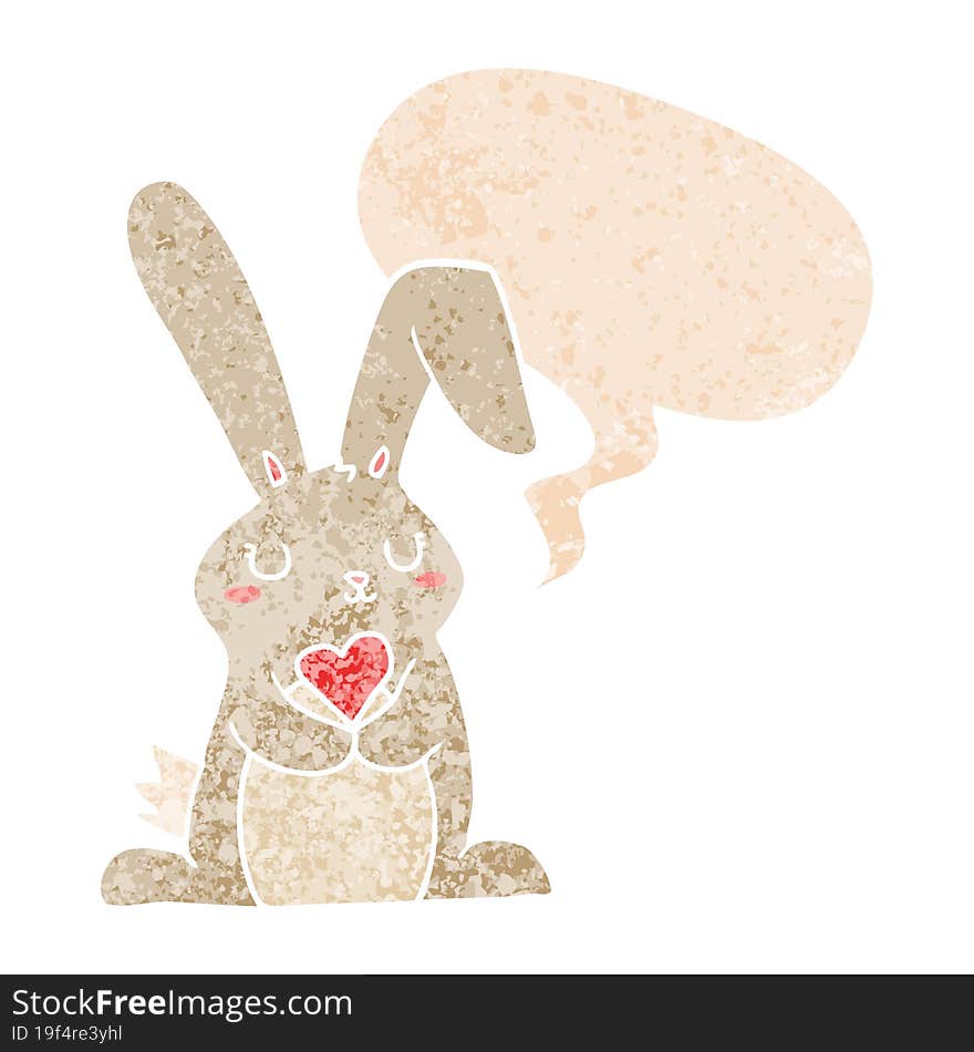 cartoon rabbit in love and speech bubble in retro textured style