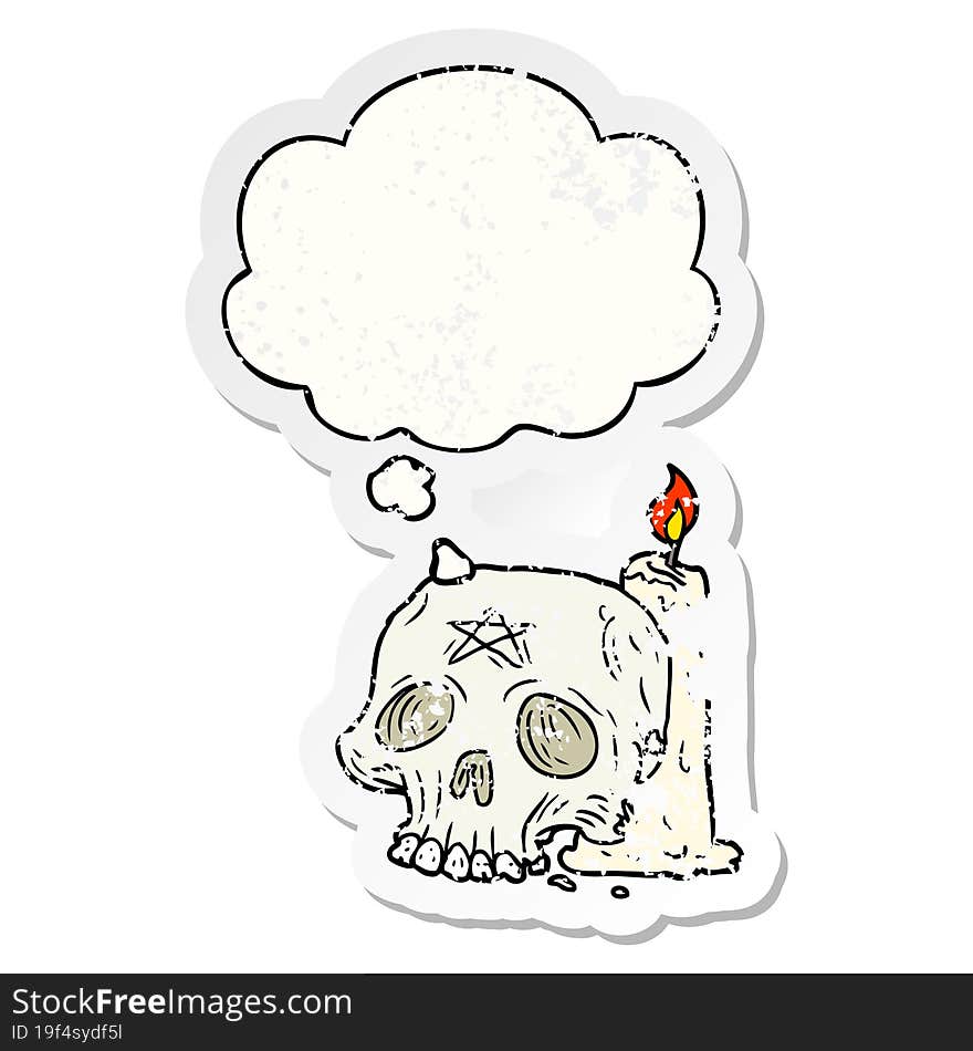 cartoon spooky skull and candle and thought bubble as a distressed worn sticker