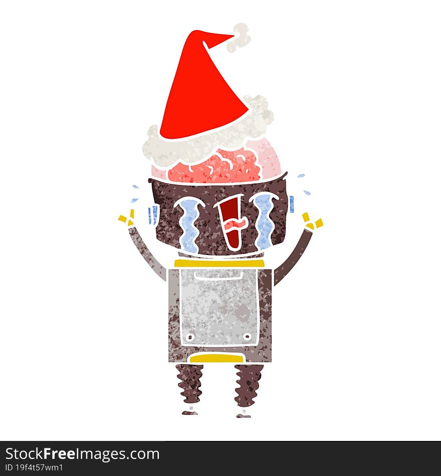 retro cartoon of a crying robot wearing santa hat