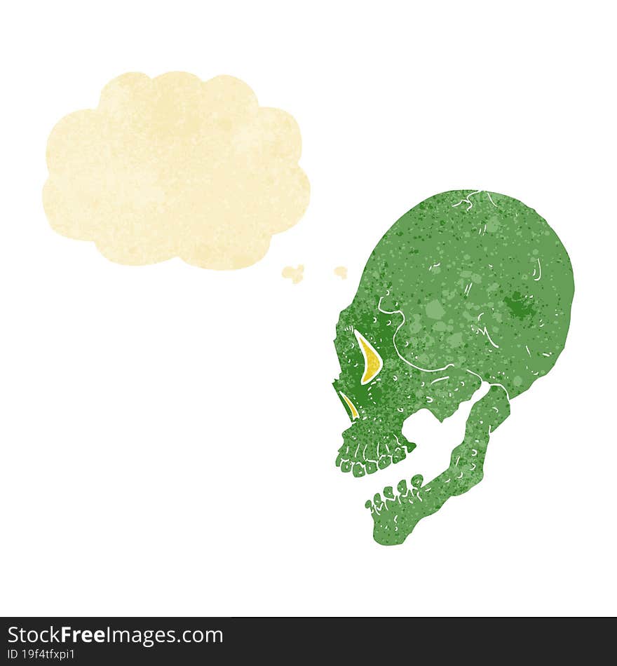 spooky skull illustration with thought bubble