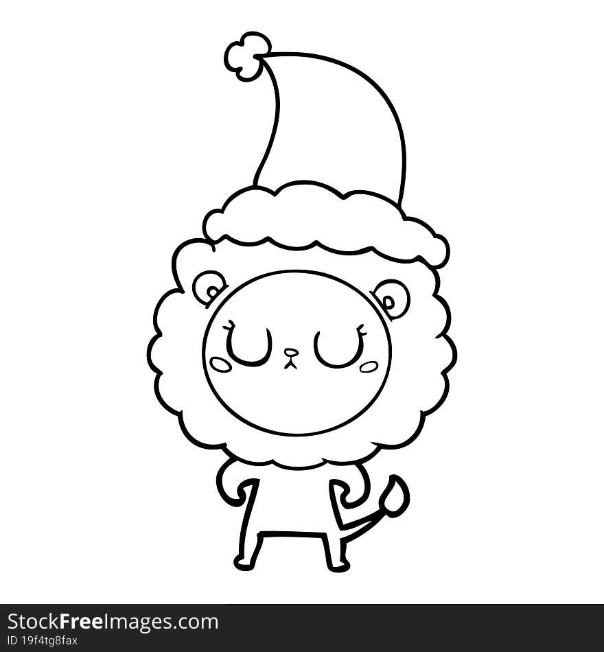 line drawing of a lion wearing santa hat