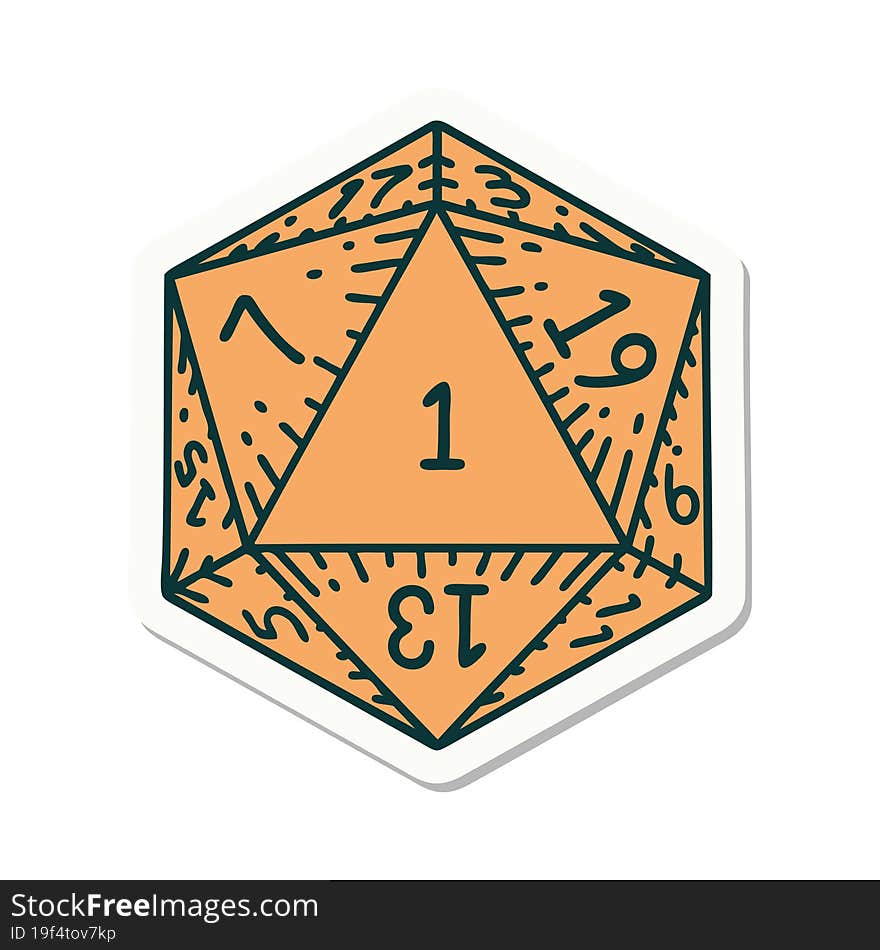 sticker of a natural 1 D20 dice roll. sticker of a natural 1 D20 dice roll