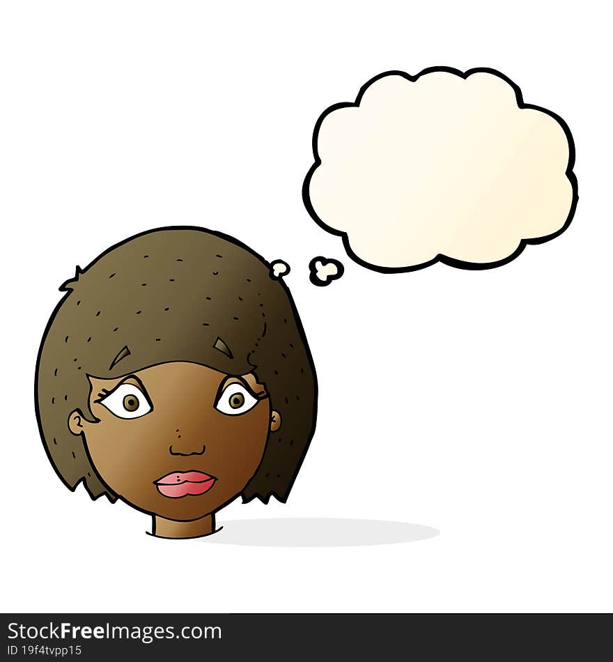 cartoon worried female face with thought bubble