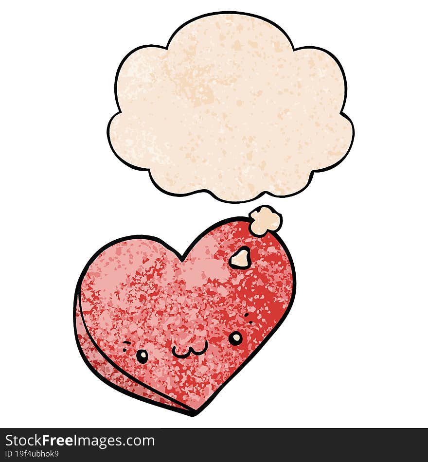 cartoon love heart with face with thought bubble in grunge texture style. cartoon love heart with face with thought bubble in grunge texture style