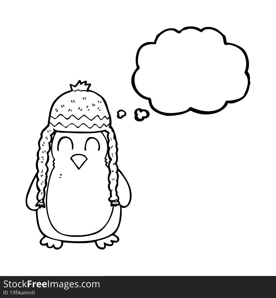 thought bubble cartoon penguin wearing hat