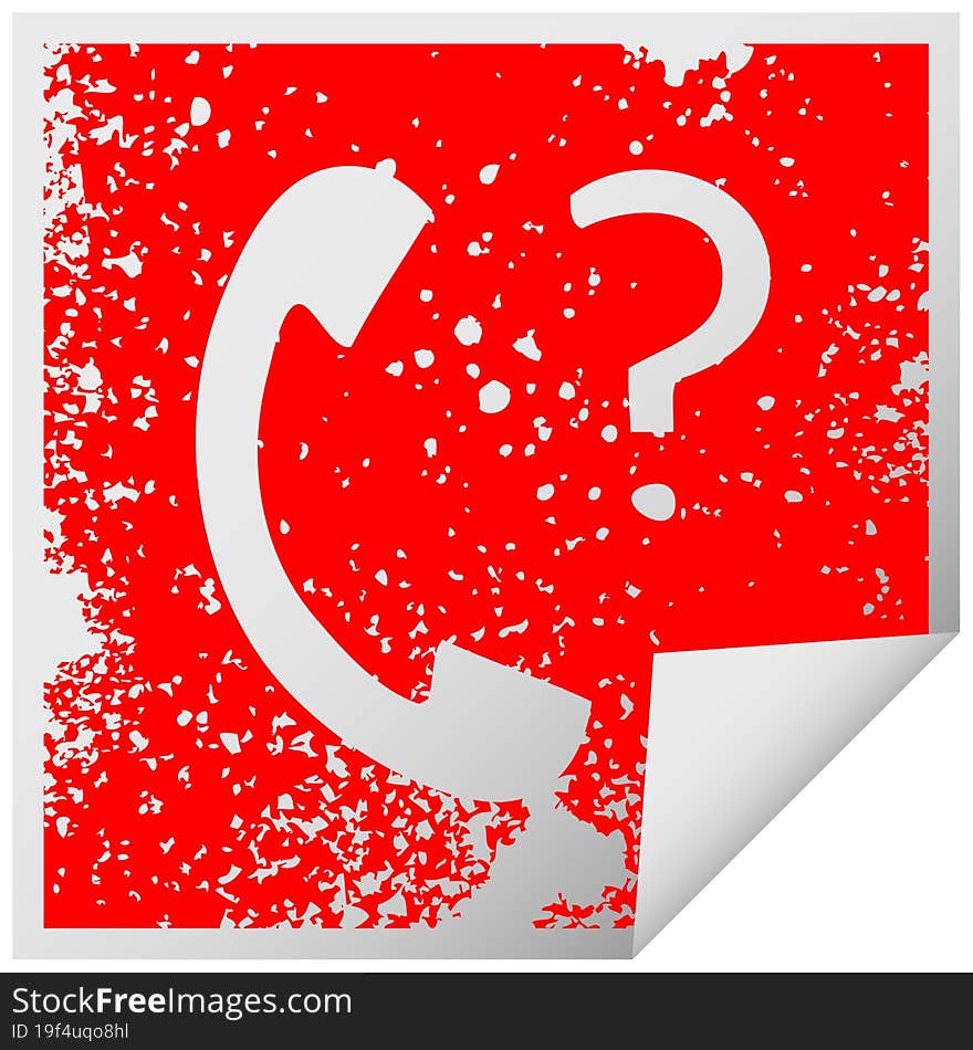 distressed square peeling sticker symbol telephone receiver with question mark