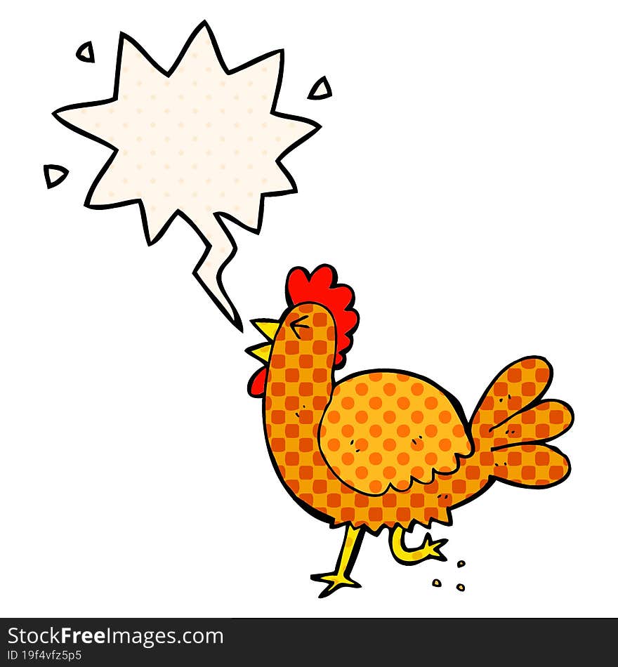 cartoon rooster and speech bubble in comic book style