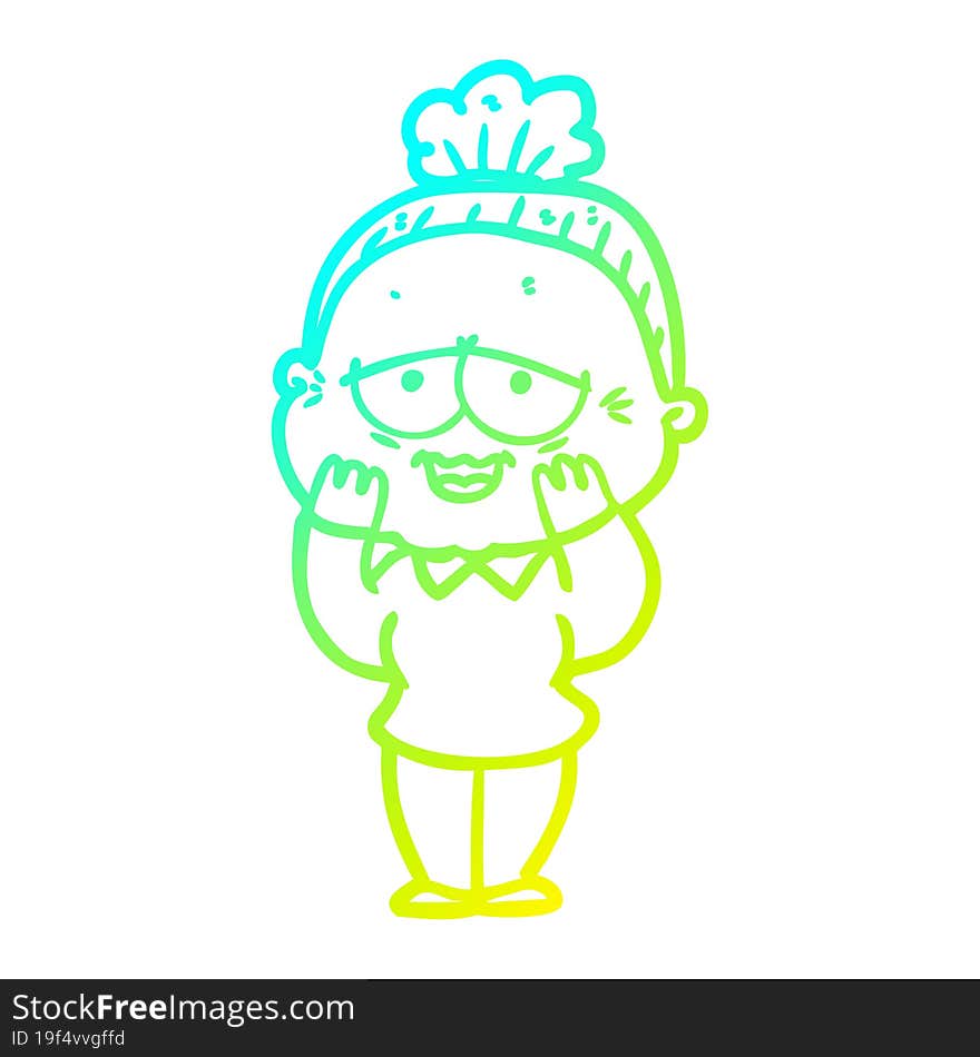 cold gradient line drawing of a cartoon happy old lady