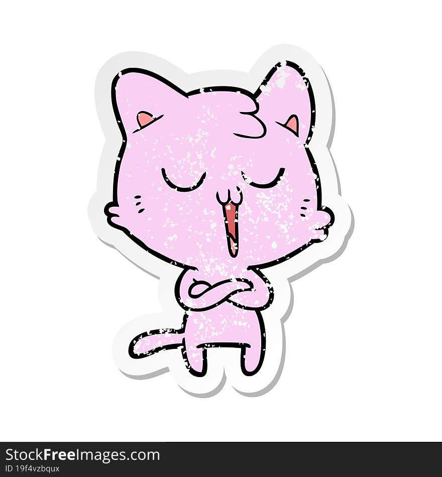 distressed sticker of a cartoon cat singing