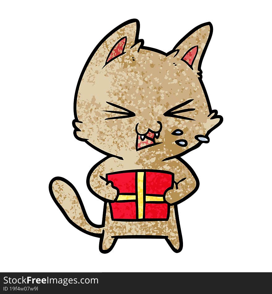 cartoon hissing cat with christmas present. cartoon hissing cat with christmas present