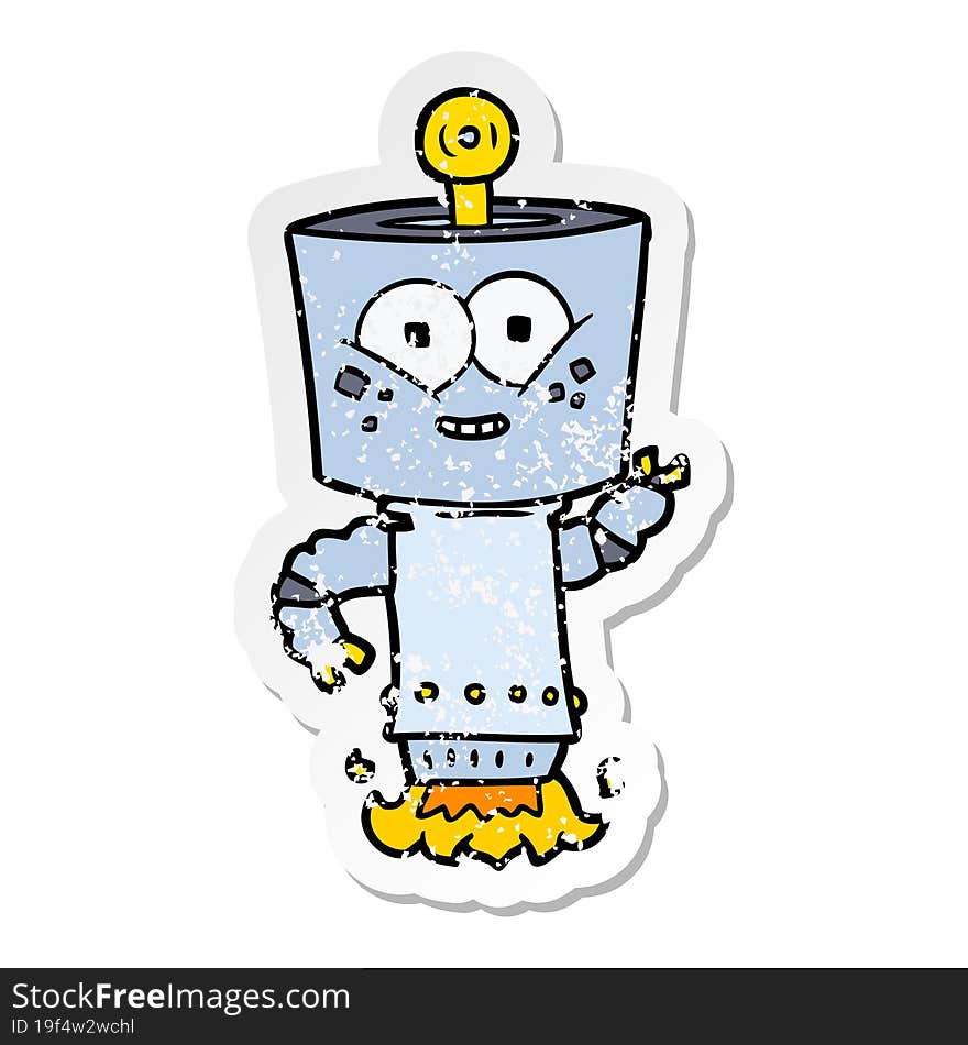 distressed sticker of a happy cartoon robot