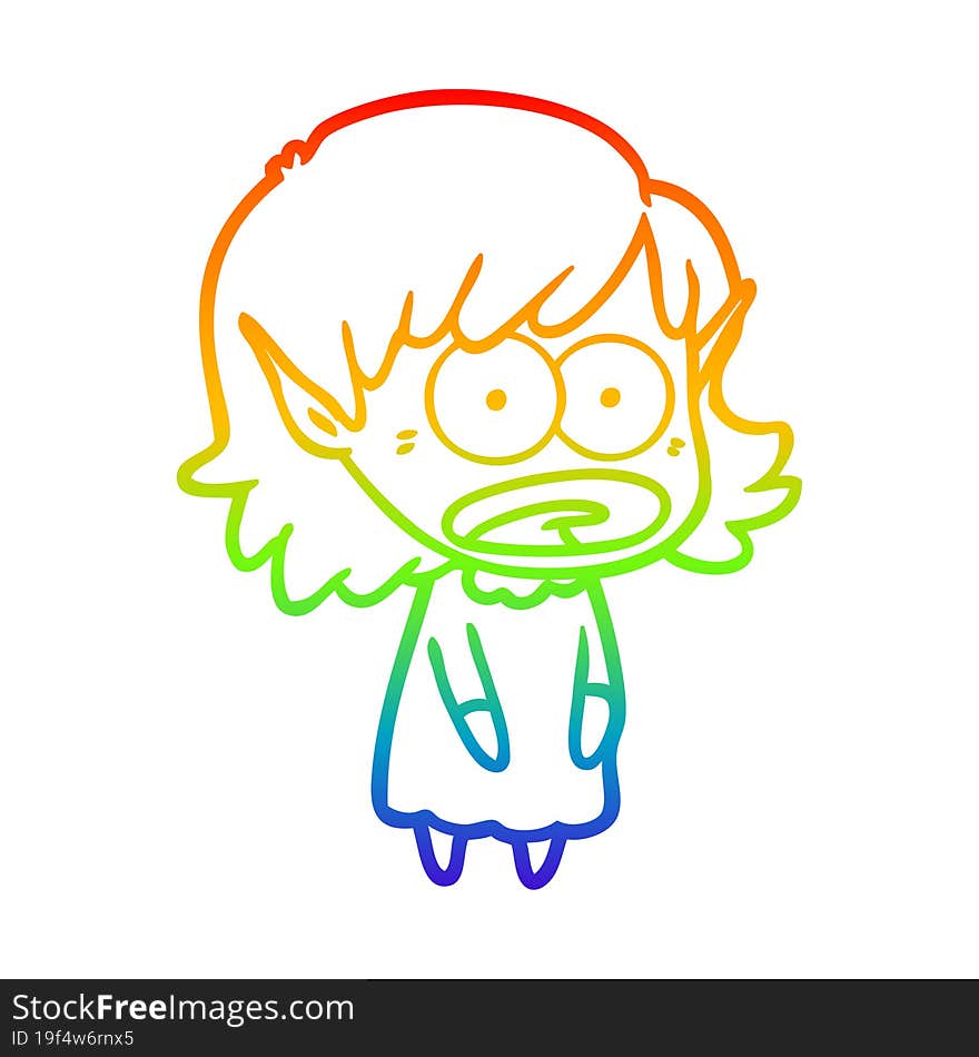 Rainbow Gradient Line Drawing Cartoon Shocked Elf Girl