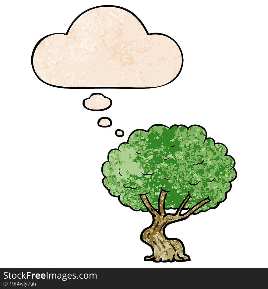 cartoon tree and thought bubble in grunge texture pattern style