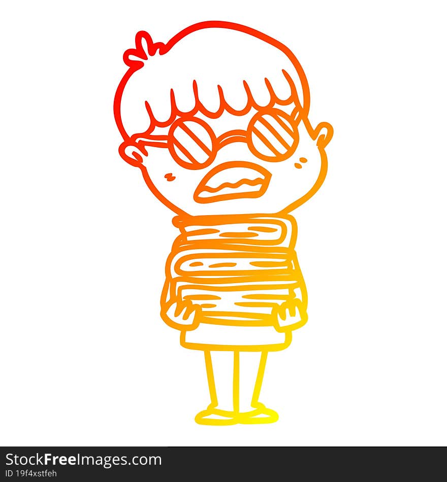 Warm Gradient Line Drawing Cartoon Boy With Books Wearing Spectacles