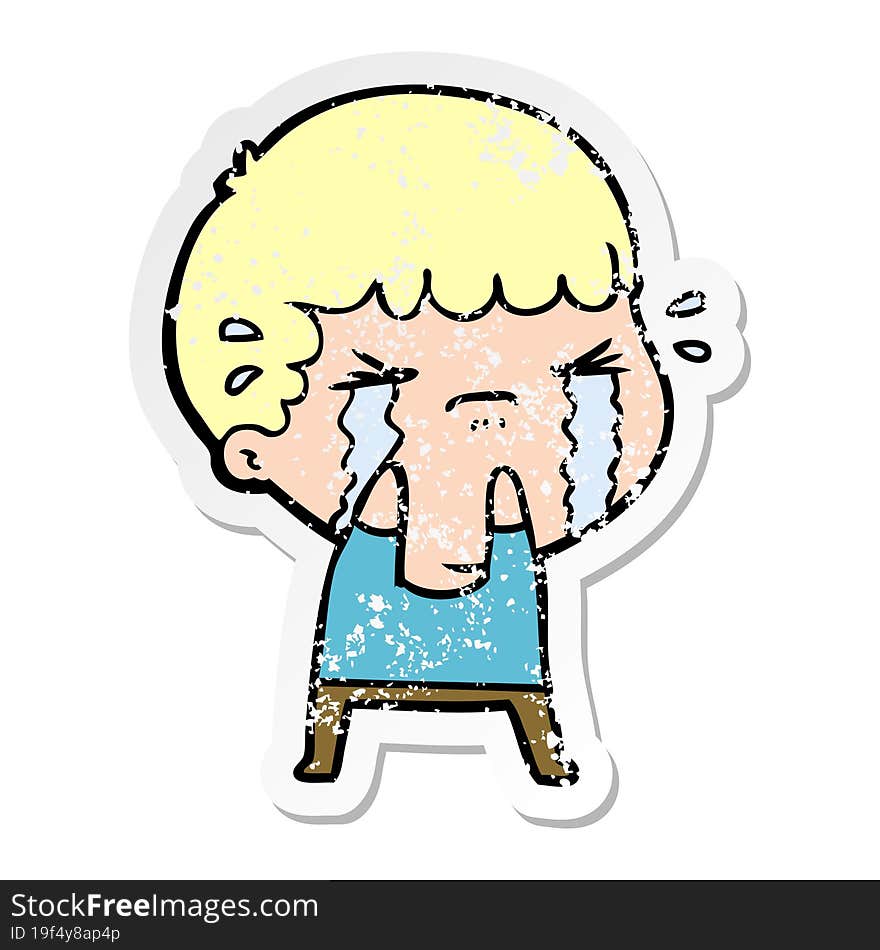 distressed sticker of a cartoon man crying