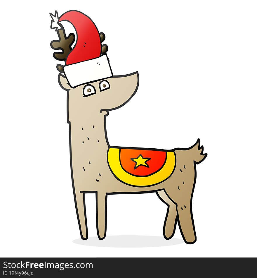 freehand drawn cartoon reindeer wearing christmas hat