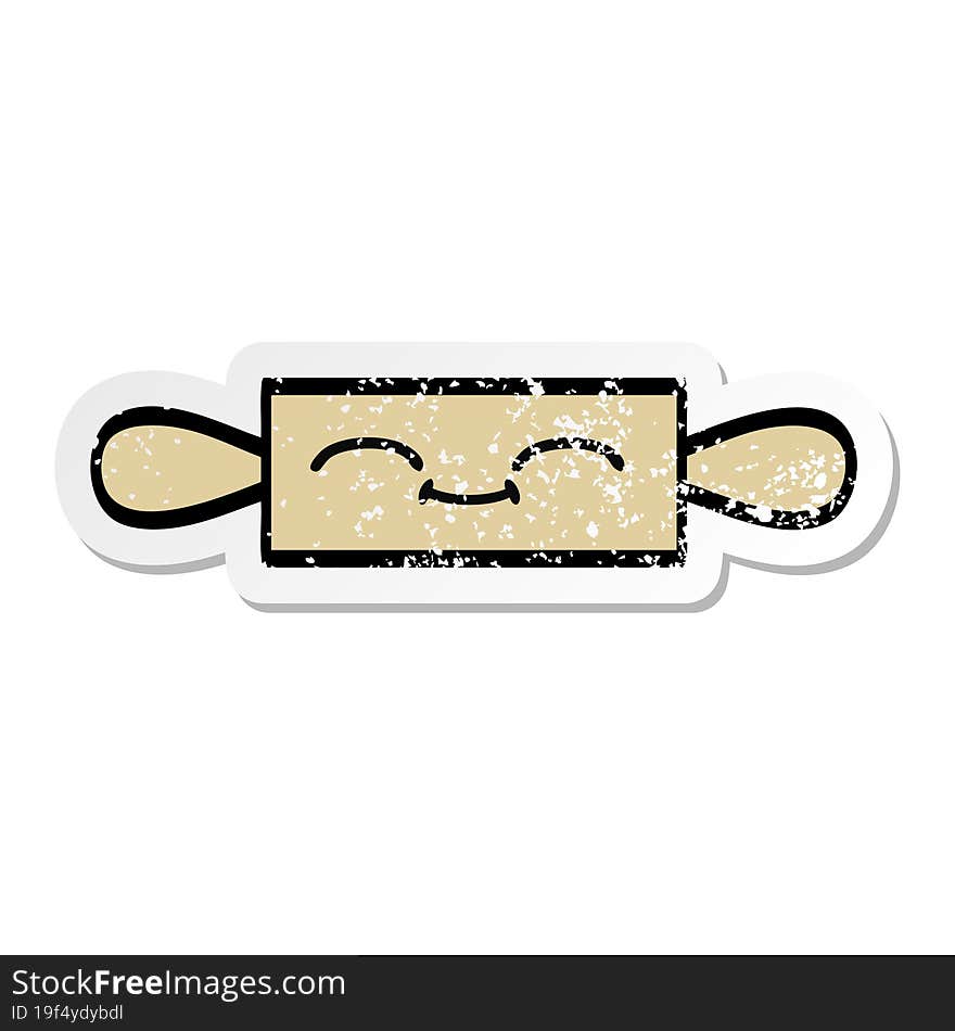 distressed sticker of a cute cartoon rolling pin