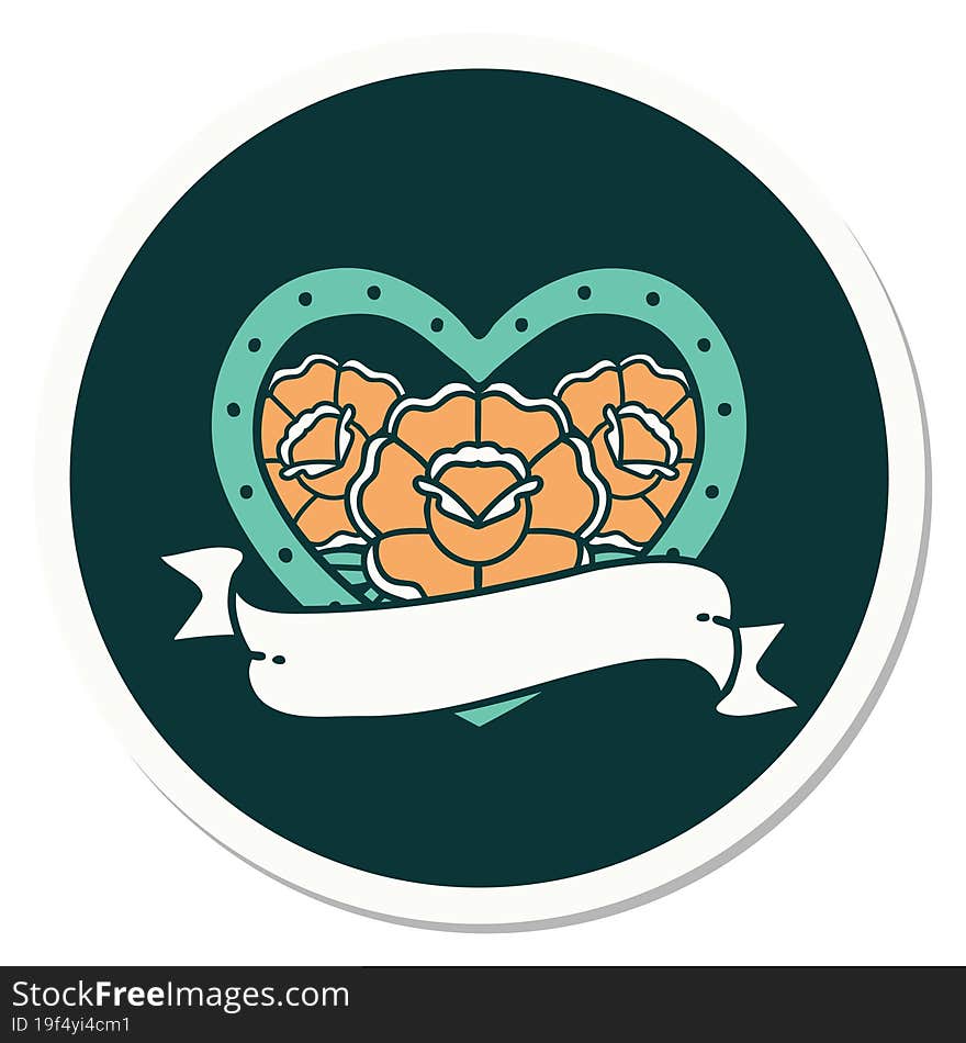 sticker of tattoo in traditional style of a heart and banner with flowers. sticker of tattoo in traditional style of a heart and banner with flowers