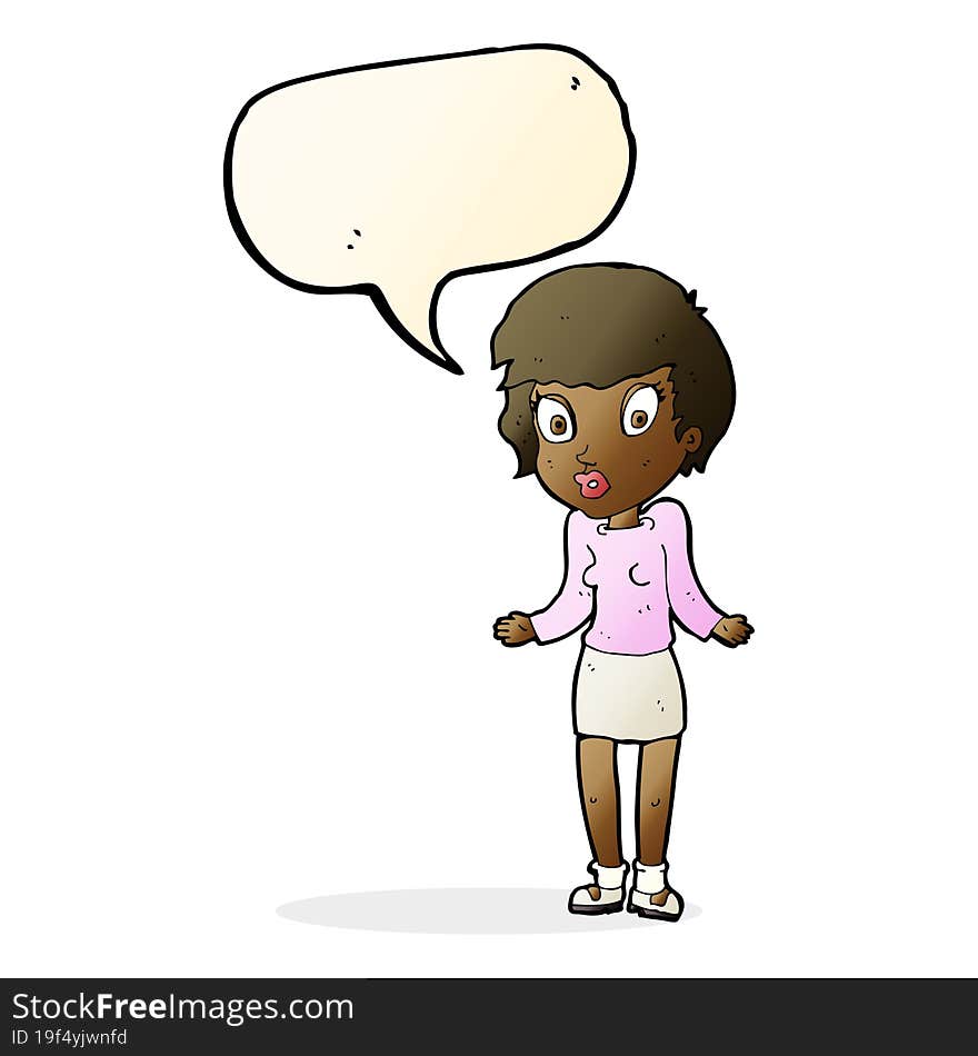 cartoon woman shrugging shoulders with speech bubble