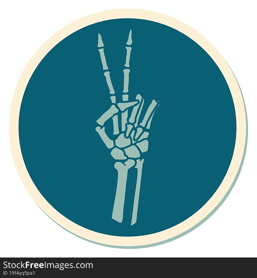 tattoo style sticker of a skeleton hand giving a peace sign