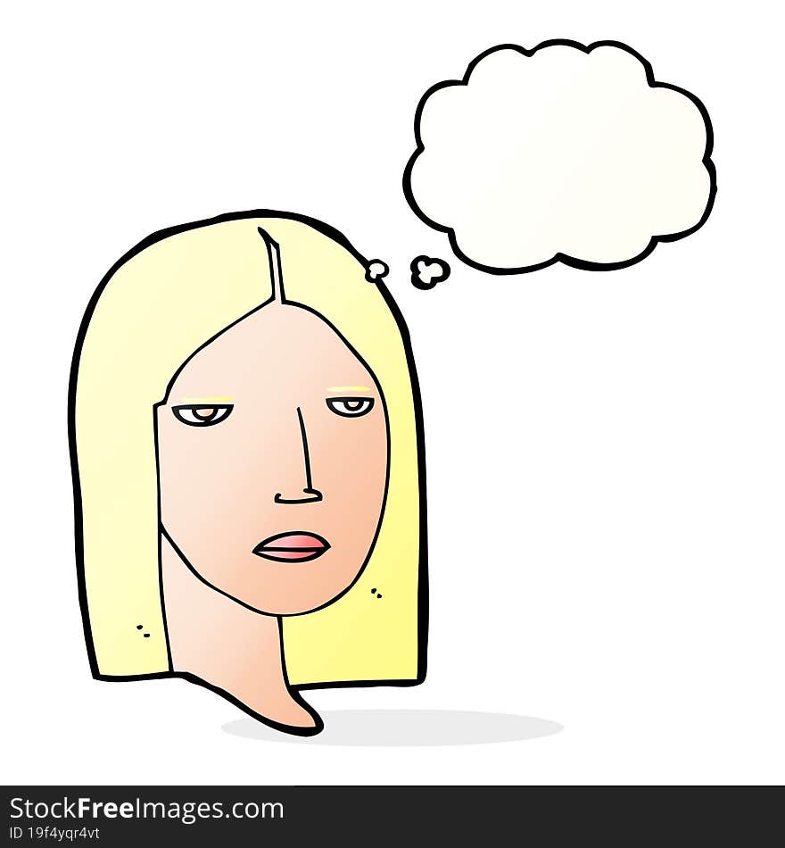 cartoon serious woman with thought bubble