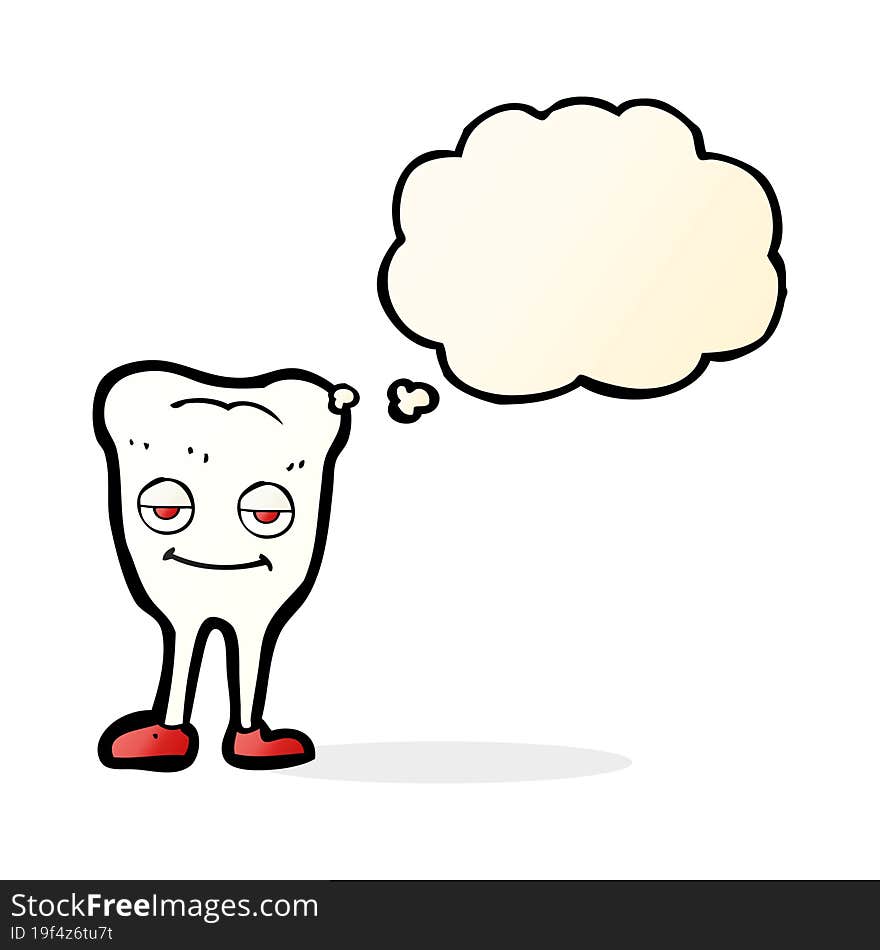 cartoon happy tooth with thought bubble