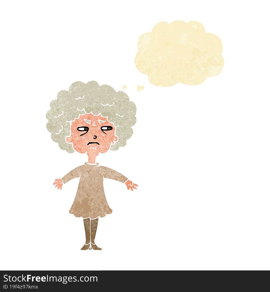 cartoon bitter old woman with thought bubble