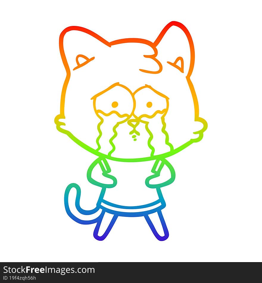 Rainbow Gradient Line Drawing Cartoon Crying Cat