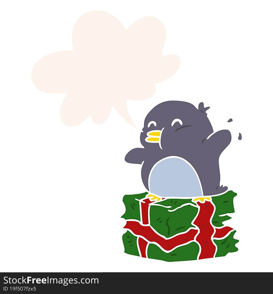 cartoon penguin on wrapped present and speech bubble in retro style