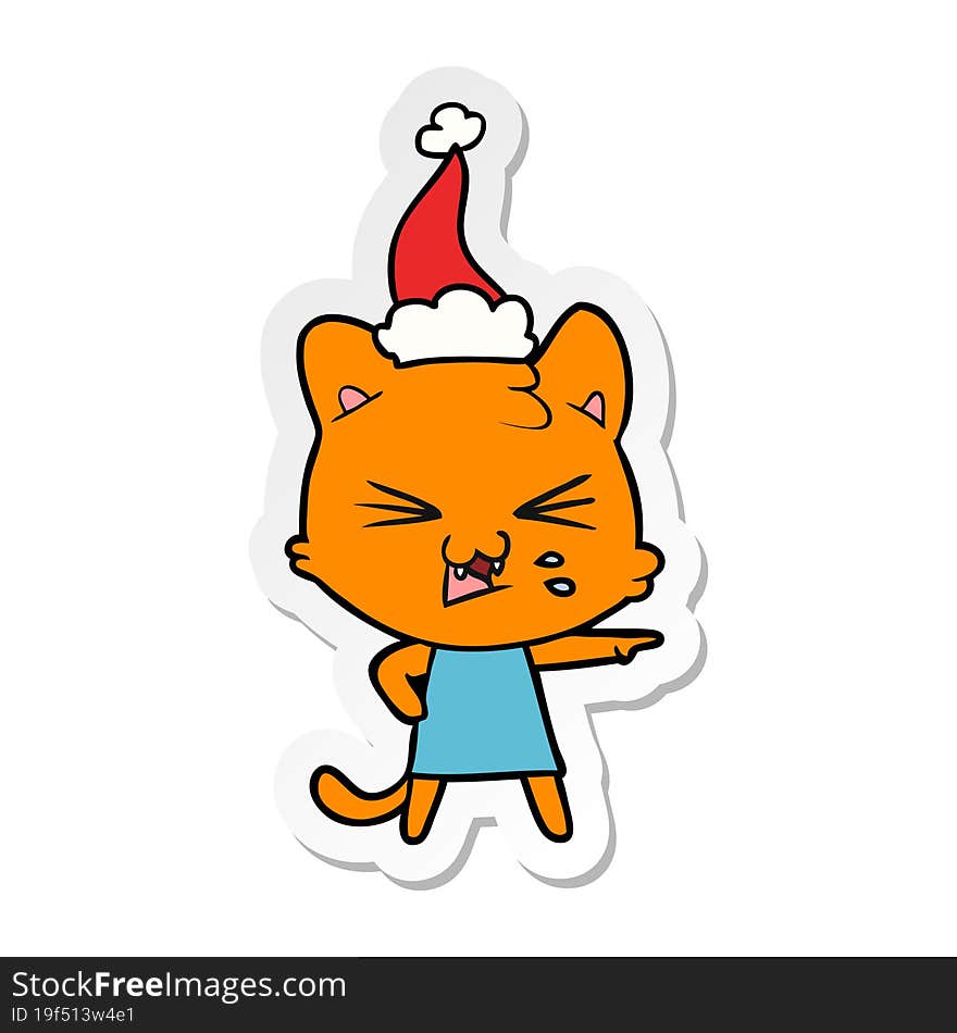 hand drawn sticker cartoon of a cat hissing wearing santa hat. hand drawn sticker cartoon of a cat hissing wearing santa hat