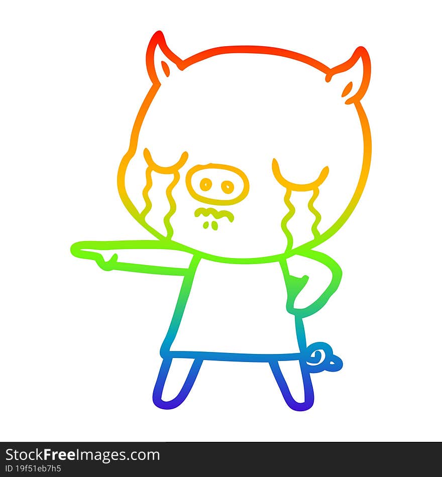 rainbow gradient line drawing of a cartoon pig crying pointing