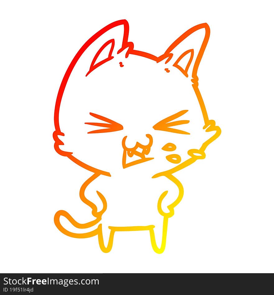 warm gradient line drawing of a cartoon cat hissing