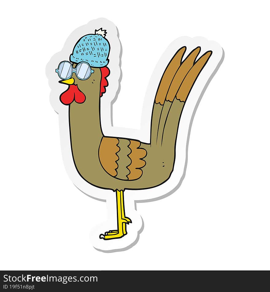 Sticker Of A Cartoon Chicken Wearing Disguise