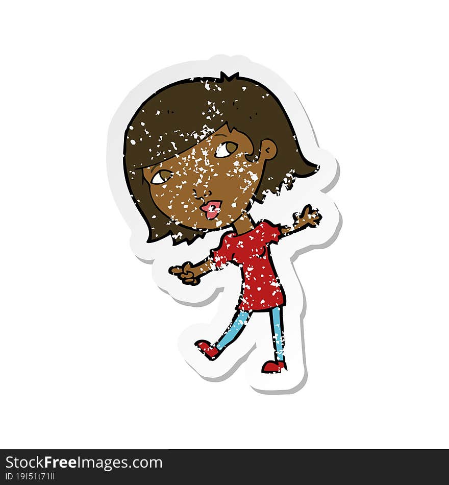 Retro Distressed Sticker Of A Cartoon Happy Girl Gesturing To Follow