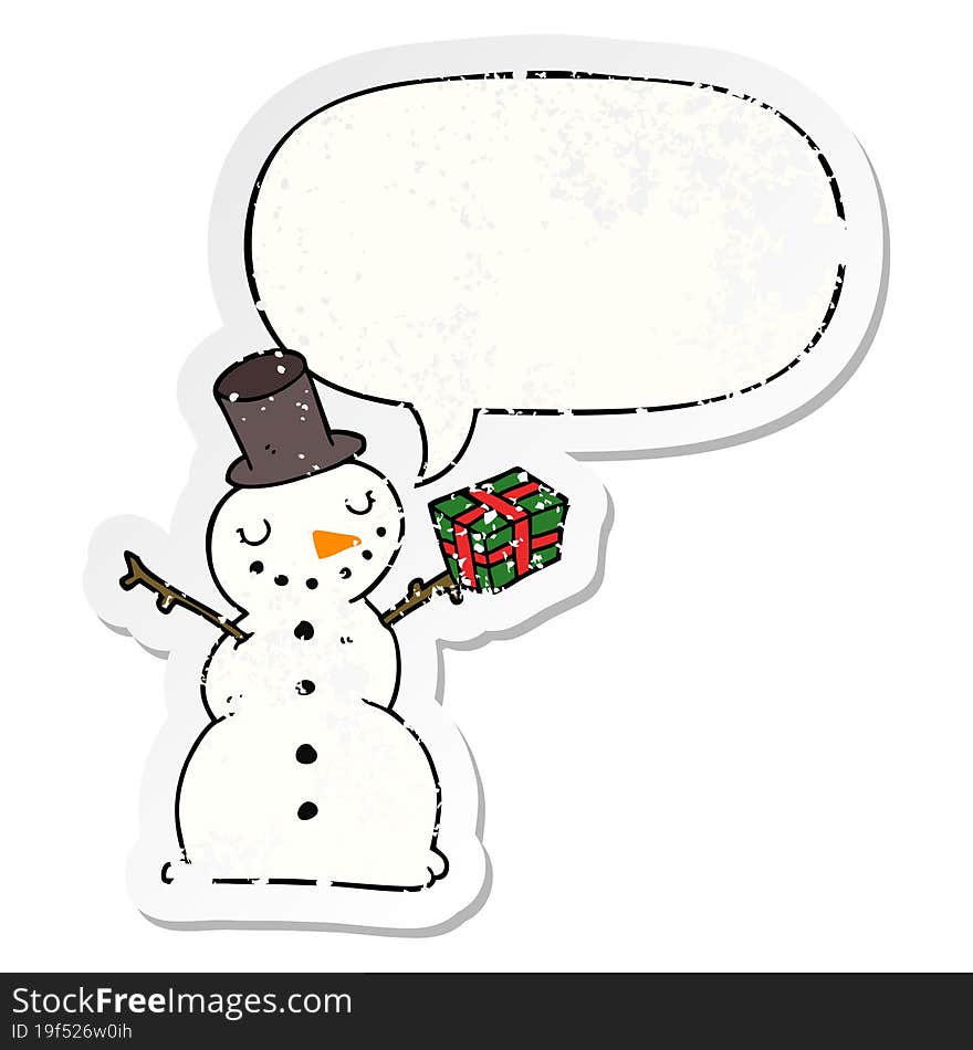 cartoon snowman with speech bubble distressed distressed old sticker. cartoon snowman with speech bubble distressed distressed old sticker