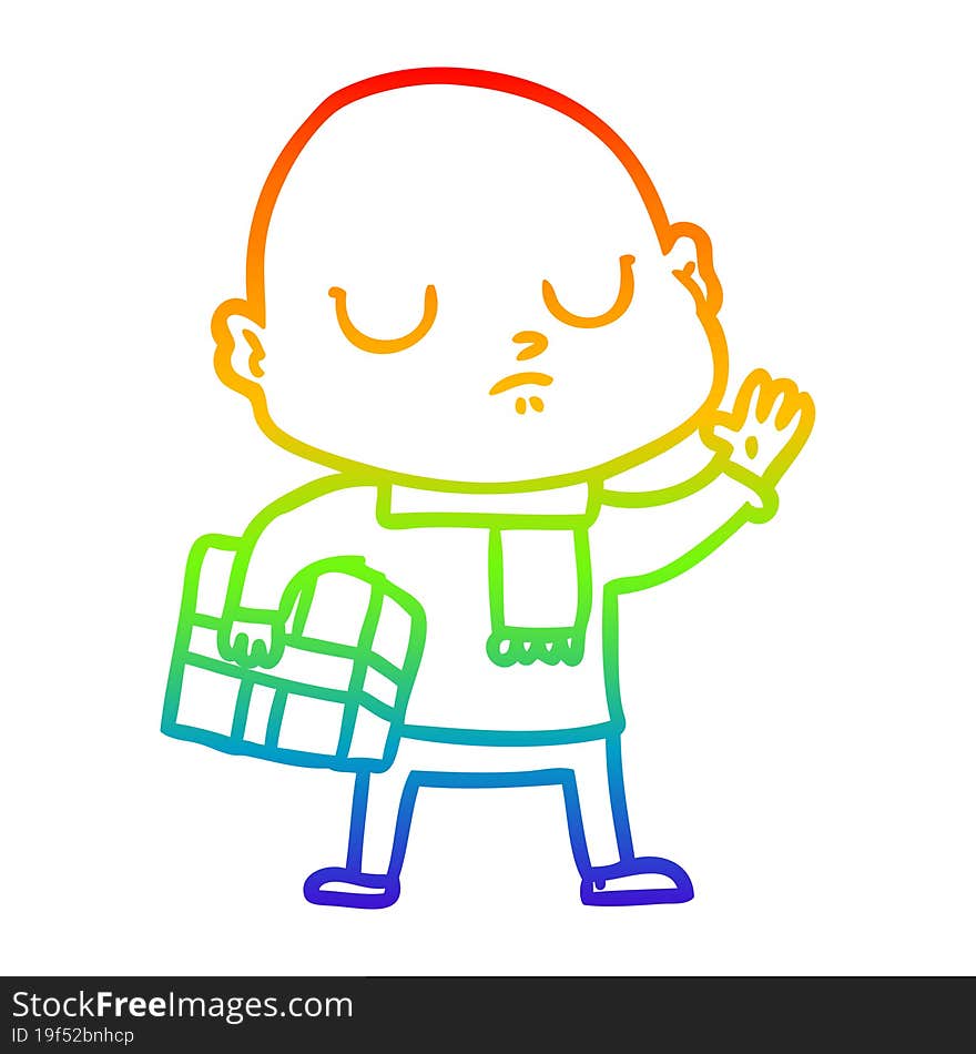 rainbow gradient line drawing cartoon bald man with xmas gift