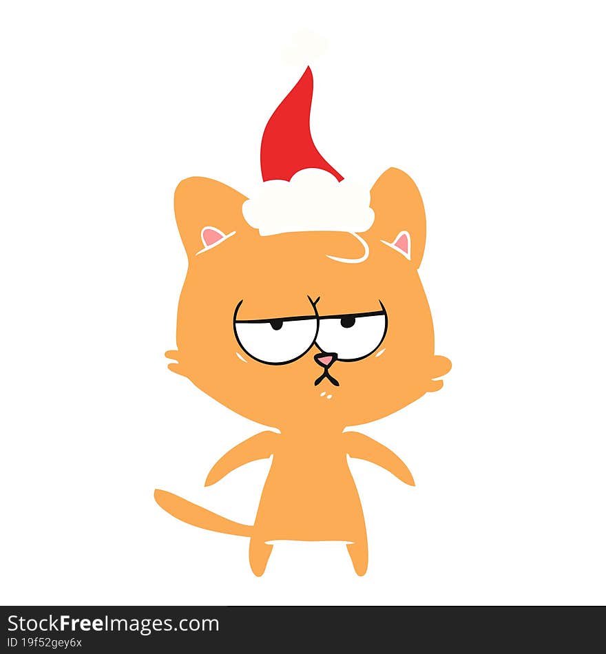 Bored Flat Color Illustration Of A Cat Wearing Santa Hat