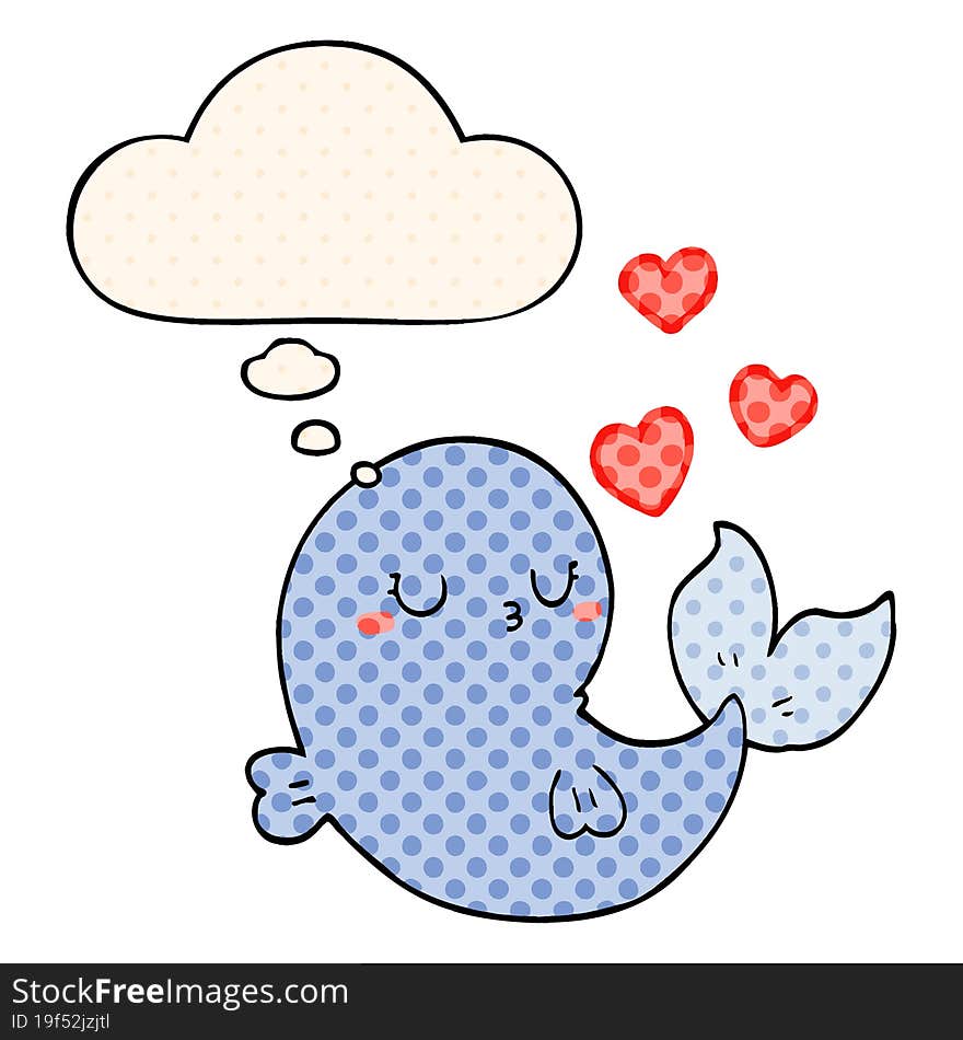 cute cartoon whale in love and thought bubble in comic book style