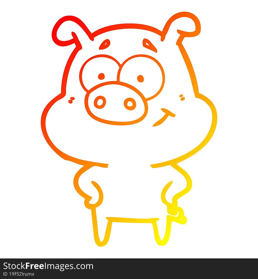 warm gradient line drawing of a happy cartoon pig